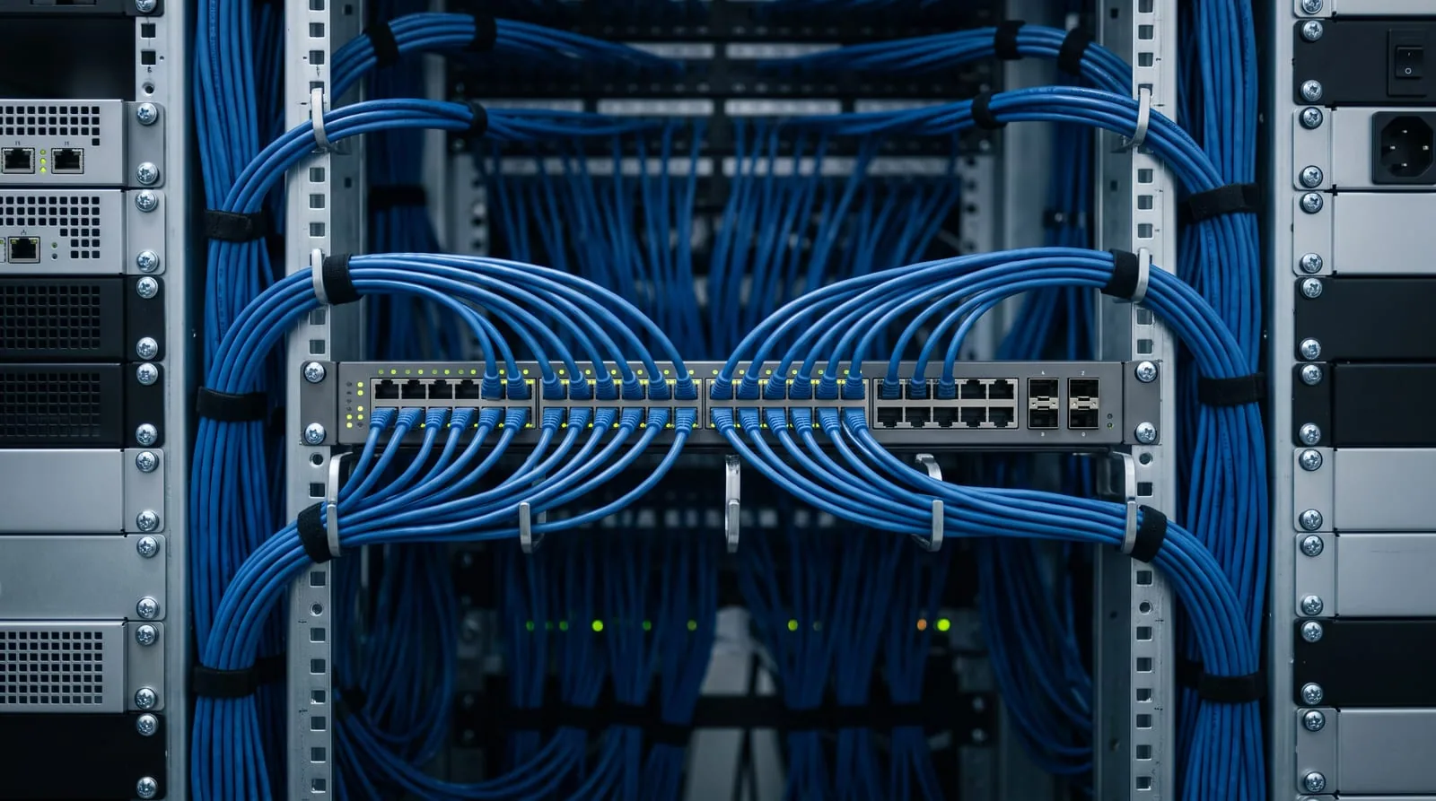 A network rack with neatly dressed blue patch cables and a switch, status lights glowing