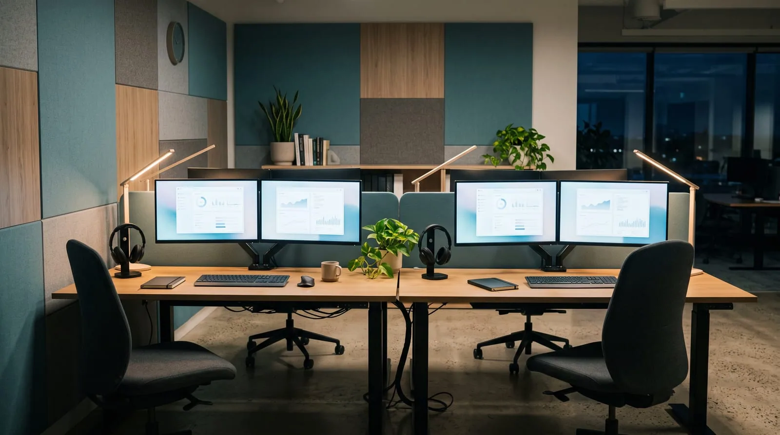 A calm help desk workstation with three monitors and a headset, warm task lighting