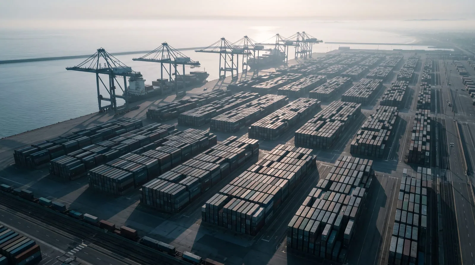 A container terminal at dawn from the air, rows of stacked containers and gantry cranes
