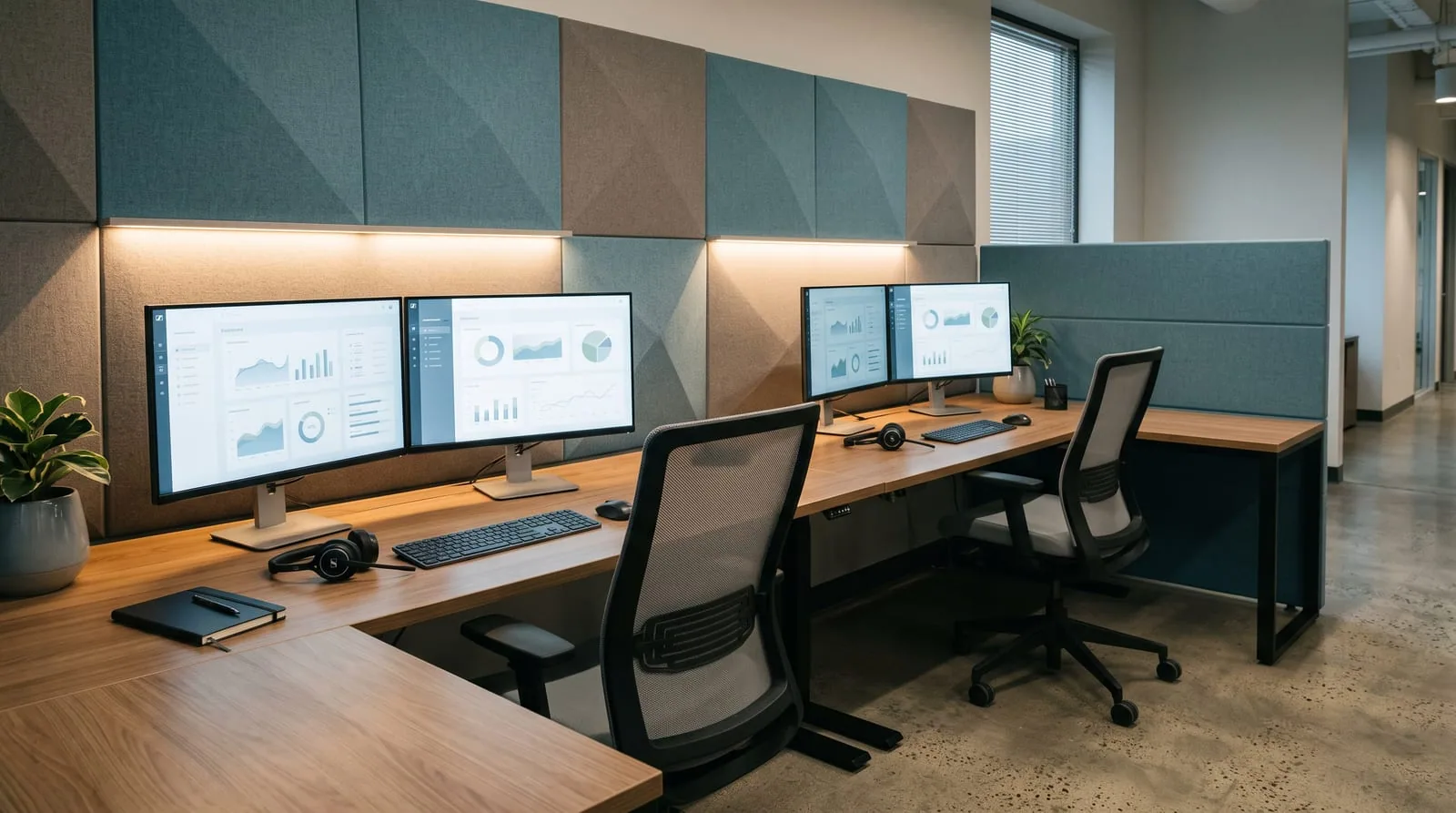 A quiet support desk with headsets resting beside monitors, acoustic panels on the wall